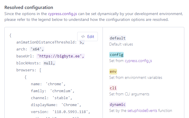 Cypress resolved configuration for test environment when values are set via setupNodeEvents()