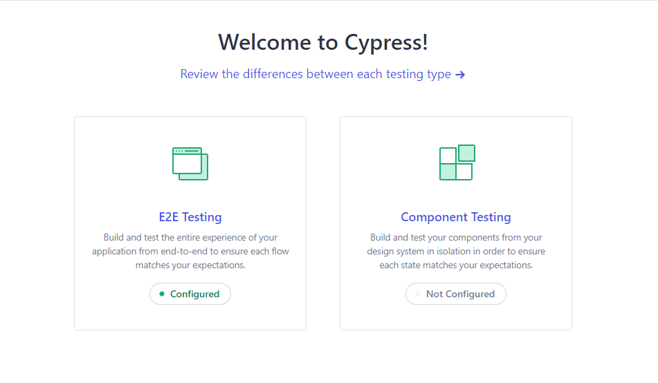 Select testing type Cypress setup step for selecting E2E testing