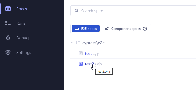 Selecting a new spec file in Cypress Test Runner