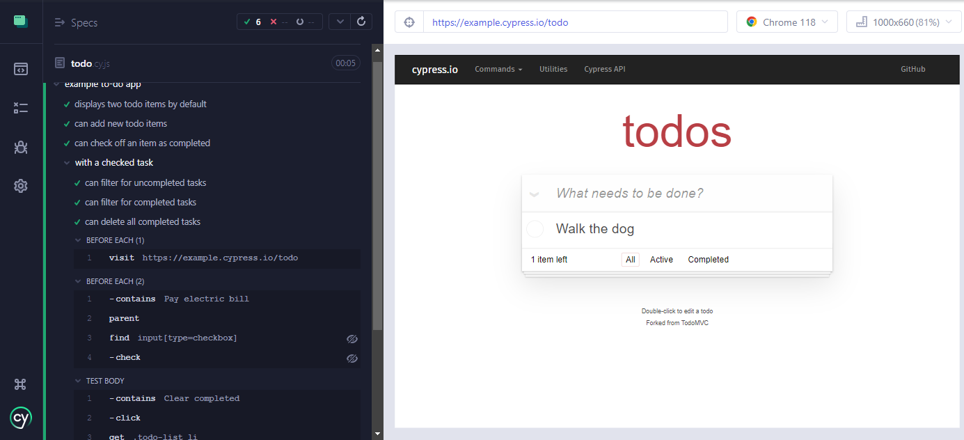 Cypress Test Runner interface showing real-time tests execution