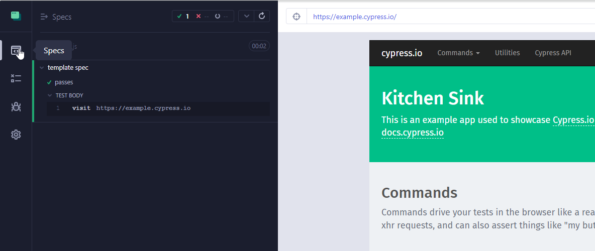 Spec files list in Cypress Test Runner